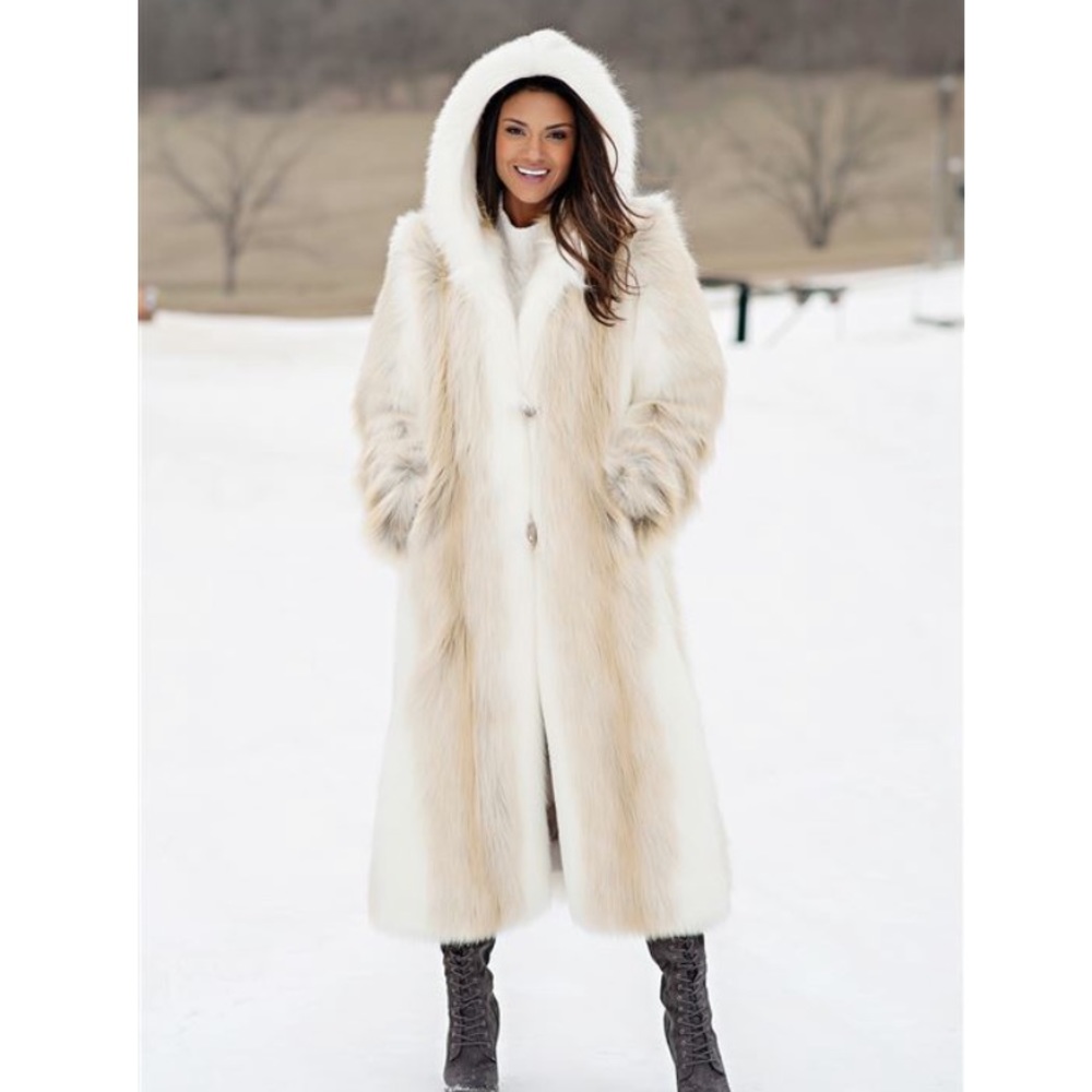 Fabulous Furs White and Tan Hooded Coat